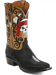 Black Jack Indian Skull Straw Design Craftsman Hand-Tooled Cowboy Boot HT-109