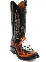 Black Jack Flame Skull Vamp & Cross Heel Counter - Feather Stitch Tops Craftsman Hand-Tooled Cowboy