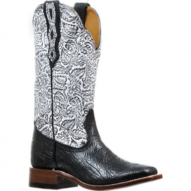 Boulet Womens Louisiana Daisy Black White Wide Square Toe Cowgirl Boot 6295