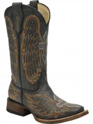 Corral Teen Goldie Winged Black Silver Gold Wing And Cross Square Toe Western Boot A1032