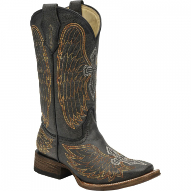 Corral Teen Goldie Winged Black Silver Gold Wing And Cross Square Toe Western Boot A1032