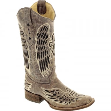 Corral Womens Cross and Wings Brown Black Wing And Cross Sequence Square Toe Western Boot A1197