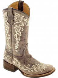 Corral Womens Sq Iconic Lisa Brown Crater Bone Embroidery Square Toe Western Boot A2663