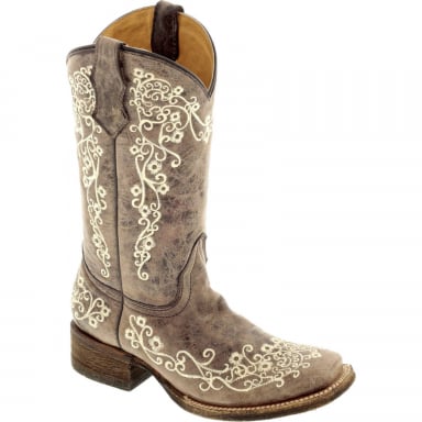 Corral Womens Sq Iconic Lisa Brown Crater Bone Embroidery Square Toe Western Boot A2663