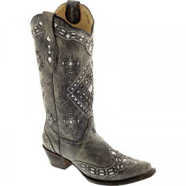 Corral Womens Brandy Grey Black Silver Glitter Inlay Western Boot A2963