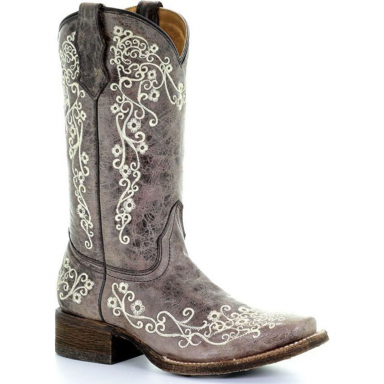 Corral Teen Lisa Roper Brown Bone Embroidery Square Toe Western Boot A2980