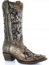 Corral Teen Pearl Black Bronze Long Pull Strap Western Boot A3154