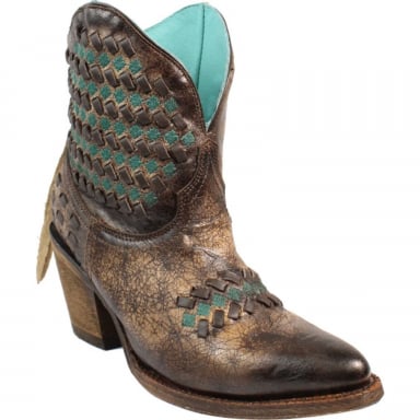 Corral Womens Brown Woven Green Embroidery Ankle Western Boot A3293