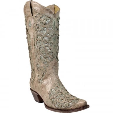 Corral Womens Martina Green White Green Glitter Inlay And Crystals Wedding Boot A3321