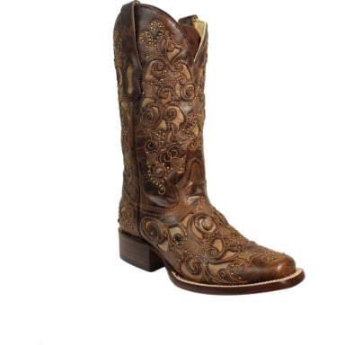 Corral Womens Helena Brown Inlay And Studs And Embroidery Square Toe Western Boot A3326