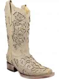 Corral Womens Eliza White Glitter Inlay And Crystals Square Toe Western Boot A3397