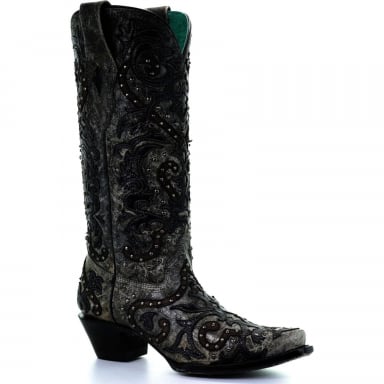 Corral Womens Black Overlay And Embroidery And Studs Western Boot A3566