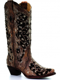 Corral Womens Ashley Brown Inlay And Flowered Embroidery And Studs And Crystals Western Boot A3569