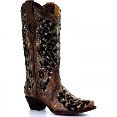 Corral Womens Ashley Brown Inlay And Flowered Embroidery And Studs And Crystals Western Boot A3569