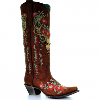 Corral Womens Juliet Tan Deer Skull Overlay And Floral Embroidery Western Boot A3620