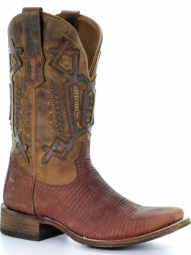 Corral Womens Juliet Black Oil Saddle Tan Lizard Embroidery And Woven Shaft Square Toe Boot A3627