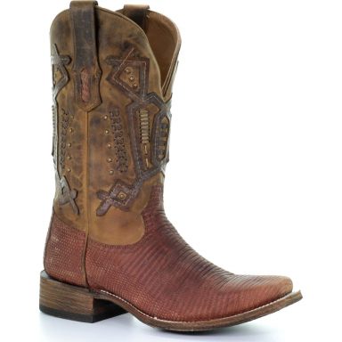 Corral Womens Juliet Black Oil Saddle Tan Lizard Embroidery And Woven Shaft Square Toe Boot A3627