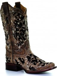 Corral Womens Brown Inlay And Flowered Embroidery And Studs And Crystals Square Toe Boot A3648