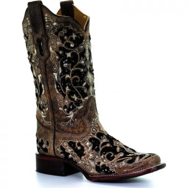 Corral Womens Brown Inlay And Flowered Embroidery And Studs And Crystals Square Toe Boot A3648