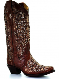 Corral Womens Brown Inlay And Flowered Embroidery And Studs And Crystals Boot A3671