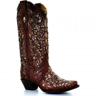 Corral Womens Brown Inlay And Flowered Embroidery And Studs And Crystals Boot A3671