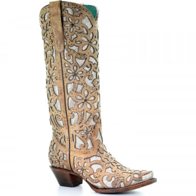 Corral Womens Sand Inlay And Embroidery And Studs Tall Top Boot A3673