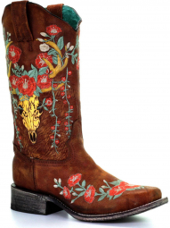 Corral Womens Tan Deer Skull Overlay And Floral Embroidery Square Toe Boot A3708