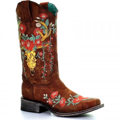 Corral Womens Tan Deer Skull Overlay And Floral Embroidery Square Toe Boot A3708