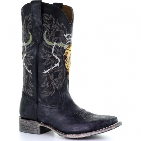 Corral Mens Black Skull Overlay Embroidery Square Toe Cowboy Boot A3768