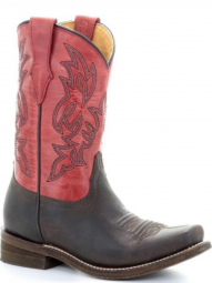 Corral Kids Red Brown Embroidery Square Toe Cowgirl Boot E1317