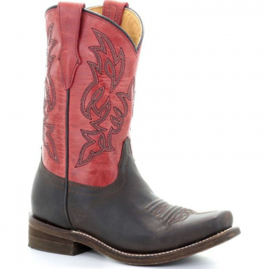 Corral Kids Red Brown Embroidery Square Toe Cowgirl Boot E1317