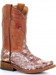 Corral Kids Rose Brown Floral Embroidery Square Toe Cowgirl Boot E1469