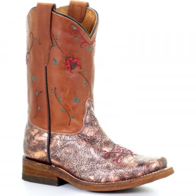 Corral Kids Rose Brown Floral Embroidery Square Toe Cowgirl Boot E1469