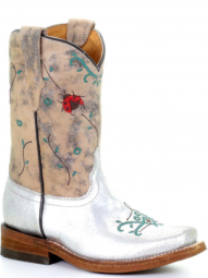 Corral Kids Silver Floral Embroidery Square Toe Cowgirl Boot E1470