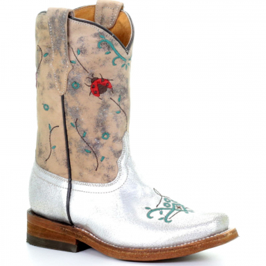 Corral Kids Silver Floral Embroidery Square Toe Cowgirl Boot E1470