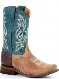 Corral Kids Straw Blue Embroidery Square Toe Tyson Selection Cowgirl Boot E1477