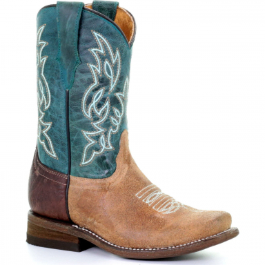 Corral Kids Straw Blue Embroidery Square Toe Tyson Selection Cowgirl Boot E1477