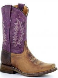 Corral Kids Brown Purple Embroidery Square Toe Tyson Selection Cowgirl Boot E1478