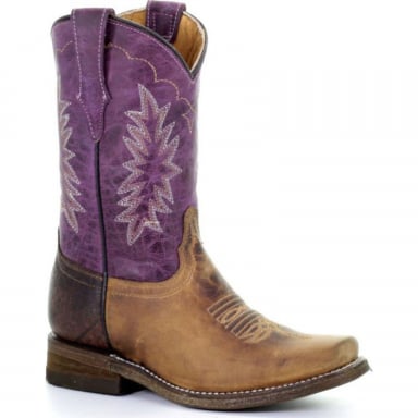 Corral Kids Brown Purple Embroidery Square Toe Tyson Selection Cowgirl Boot E1478