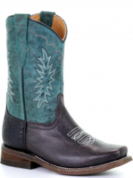 Corral Kids Chocolate Blue Embroidery Square Toe Tyson Selection Cowgirl Boot E1479