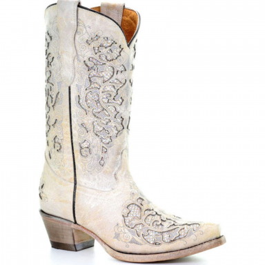 Corral Teen White Glitter Inlay And Embroidery Boot T0021