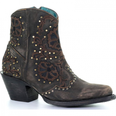 Corral Womens Black Floral Embroidery Studs Ankle Western Boot Z0042