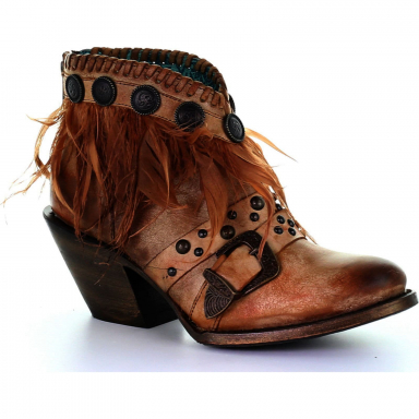 Corral Womens Cognac Conchos Studs Feathers Straps Ankle Boot Round Toe Z0069