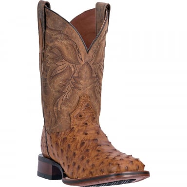 Dan Post Mens Alamosa Full Quill Ostrich Boot Saddle Tan-Brown Exotic Cowboy Boot DP3876