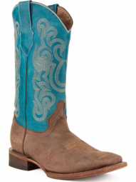 Ferrini Mens Cowhide Leather Chocolate-Turquoise S Toe Cowboy Boot 12693-50