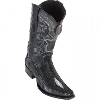 Los Altos Mens European Square Toe Half Vamp Stingray Single Stone Black Cowboy Boot 75F1205