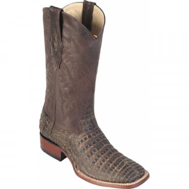 Los Altos Mens Wide Square Toe Caiman Belly Sanded Brown Cowboy Boot 8228235