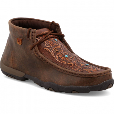 Twisted X Womens Driving Moccasin Brown Tooled Flowers WDM0081