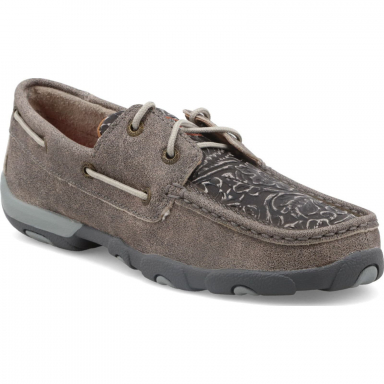 Twisted X Womens Boat Shoe Driving Moc Grey & Tooled WDM0130