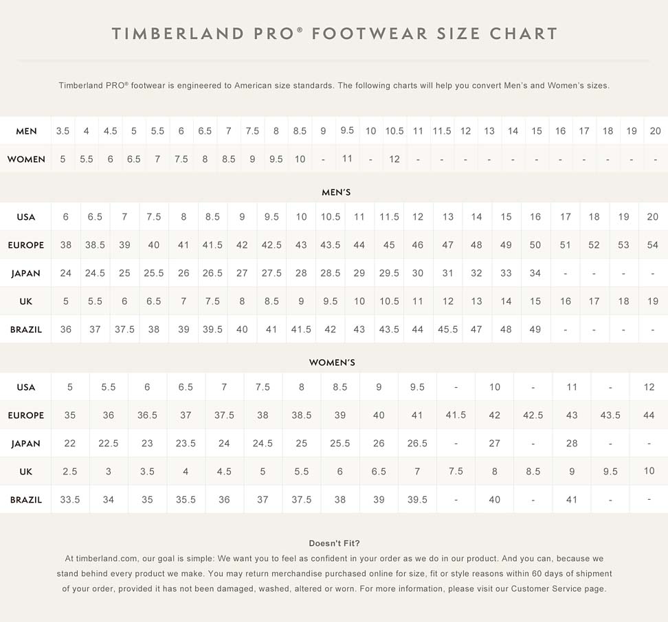 timberland shoe size chart